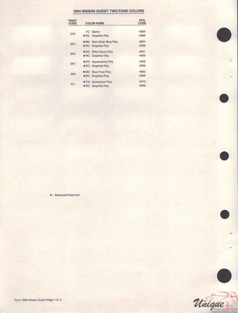 1994 Nissan Quest Paint Charts  PPG 2